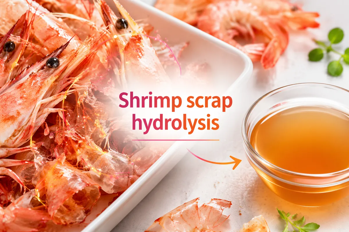 Shrimp heads and shells in a white tray beside a glass bowl of amber protein hydrolysate liquid, labelled shrimp scrap hydrolysis